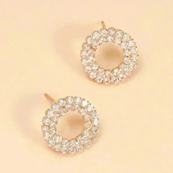 Yellow Gold Women's Elegant Geometric Circle Shaped Rhinestone Stud Earrings - Picture 2 of 5